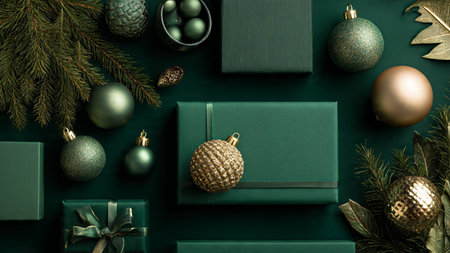 High-end winter mockup using deep emerald shades and premium gold accents for a luxe feel.の写真素材