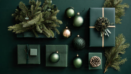 Stylish holiday arrangement combining emerald velvet surfaces and golden gift toppers.の写真素材
