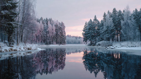 Winter landscape with frozen lake and pine trees on the shore at sunsetの写真素材