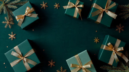 Minimalist emerald scene accented with polished champagne-gold holiday decorations for a sleek festive feel.の写真素材