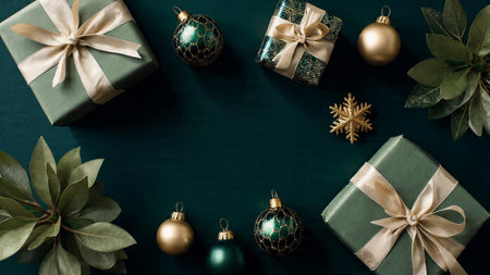 Classy winter mockup with emerald baubles and muted gold accents.の写真素材