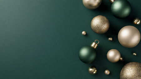 Luxury winter background featuring green matte surfaces and shimmering gold sparkle.の写真素材