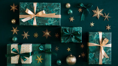 Luxurious festive top-view scene with gold ornaments arranged over rich green textures.の写真素材