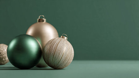 Luxury Christmas composition with softly glowing gold snowflakes on a green matte base.の写真素材