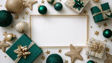 Luxurious winter background combining emerald velvet textures with glimmering gold snowflakes.の写真素材