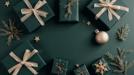 Vintage winter mockup showcasing faded gold ornaments and textured emerald fabric.の写真素材