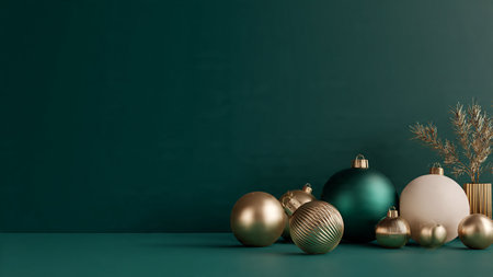 Premium Christmas design with smooth emerald textures and polished gold ornaments.の写真素材