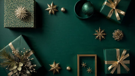 Stylish festive mockup with polished gold baubles resting on a rich emerald velvet texture.の写真素材
