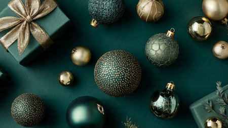 Elegant minimalist mockup with emerald baubles and subtle gold decorative touches.の写真素材