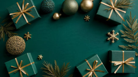 Premium emerald scene featuring sculpted gold accents arranged symmetrically.の写真素材