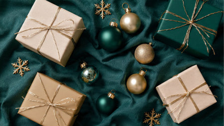 Sparkling holiday composition with gold stars and emerald baubles arranged symmetrically.の写真素材