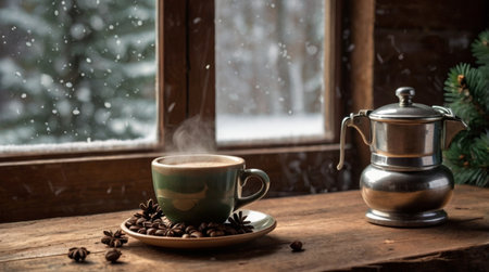 Wrapped holiday gifts arranged with shimmering silver stars and frosted evergreen sprigs.の写真素材