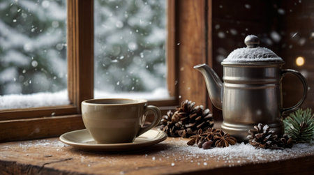 A steaming mug placed near pinecones and evergreen branches in a cozy winter corner.の写真素材