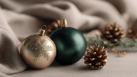 Luxurious holiday composition featuring deep emerald tones paired with warm champagne-gold brilliance.の写真素材