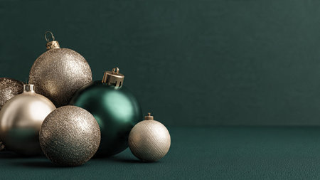 Classic Christmas mockup featuring deep-green gift boxes trimmed with gold.の写真素材