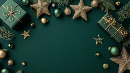 Elegant vintage composition blending textured green fabric and antique gold decorations.の写真素材