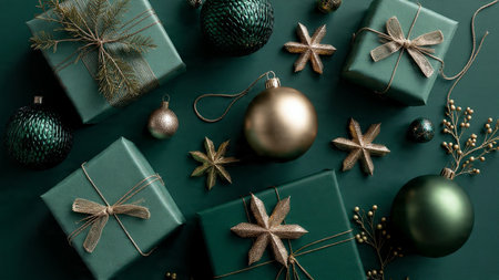 Artistic emerald festive scene accented with gold leaf-style ornaments.の写真素材