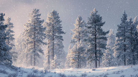 Winter landscape with pine trees covered with hoarfrost and snowfallの写真素材