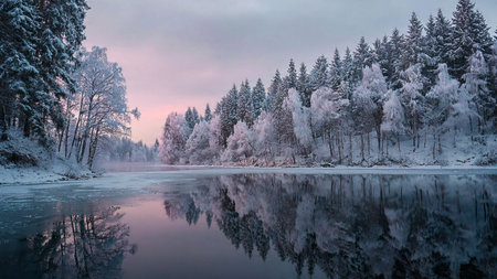 A peaceful winter horizon with rolling snow-covered hills.の写真素材
