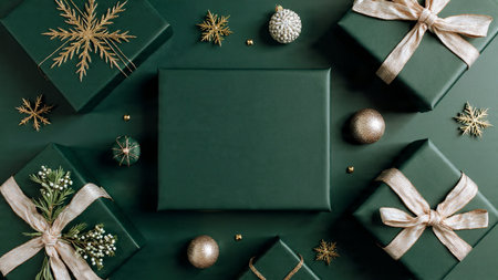 Premium holiday scene with emerald packages tied beautifully in champagne-gold ribbon.の写真素材