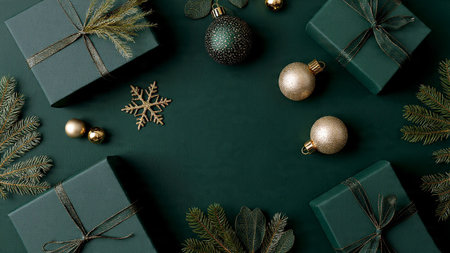 Sophisticated winter mockup featuring deep-green ornaments and elegant gold highlights.の写真素材
