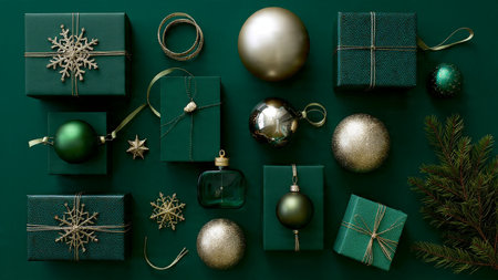 Modern holiday composition with green abstract forms and metallic gold detailing.の写真素材