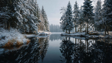 Winter forest path illuminated by faint golden morning glows.の写真素材