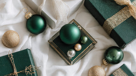 Luxurious emerald-and-gold winter background styled for premium holiday branding.の写真素材