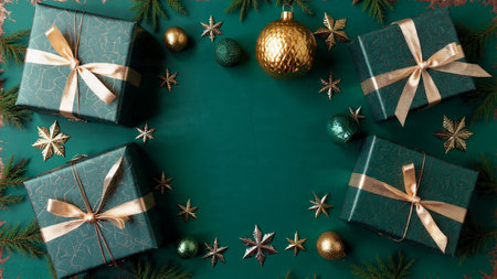 Vintage winter flat-lay displaying textured emerald cloth and weathered gold accents.の写真素材