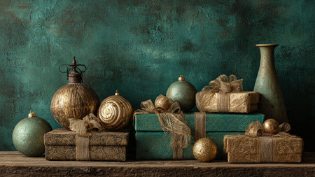 Elegant emerald winter background adorned with shimmering golden details.の写真素材