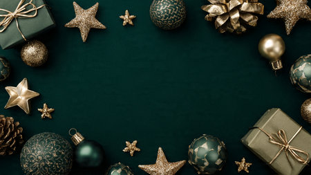 High-luxury winter flat-lay combining deep-green tones with sparkling metallic gold ornaments.の写真素材