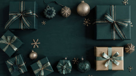 Sophisticated Christmas arrangement combining muted emerald ornaments with brushed-gold metallic highlights.の写真素材