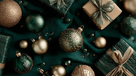 Minimal festive design with matte green surfaces and fine gold accent lines.の写真素材