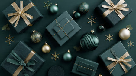Sleek modern Christmas mockup with deep green matte surfaces and sharp gold highlights.の写真素材