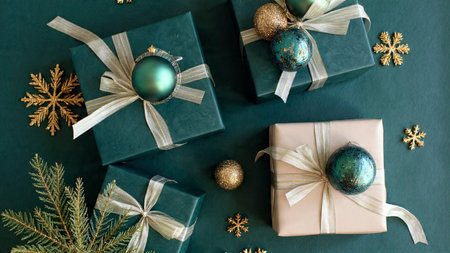 Luxurious winter layout using velvet emerald textures and reflective gold decor.の写真素材