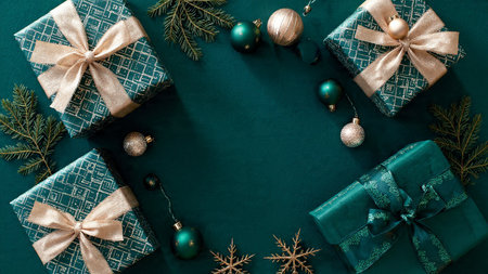Holiday flat-lay featuring rich emerald tones paired with elegant champagne-gold details.の写真素材