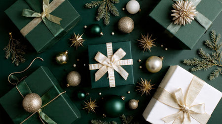 Premium holiday frame with emerald gift boxes enhanced by shimmering gold touches.の写真素材