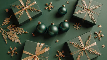 Premium holiday frame with emerald gift boxes enhanced by shimmering gold touches.の写真素材
