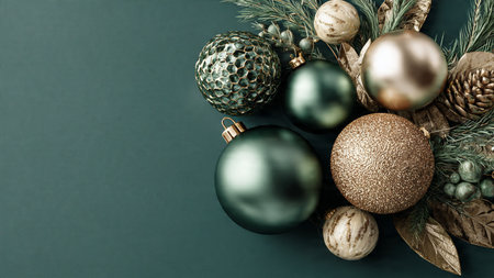 Luxurious festive composition showcasing emerald foliage and shimmering gold details.の写真素材