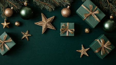 Luxurious Christmas flat-lay with deep-green baubles, gold ribbons, and polished metallic accents on a matte emerald background.の写真素材