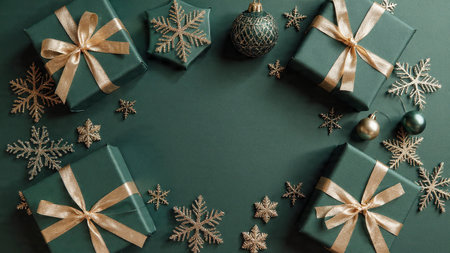 Vintage winter mockup with textured green materials and rustic gold pieces.の写真素材