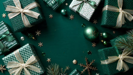 Stylish holiday design with emerald geometric shapes and modern gold patterns.の写真素材