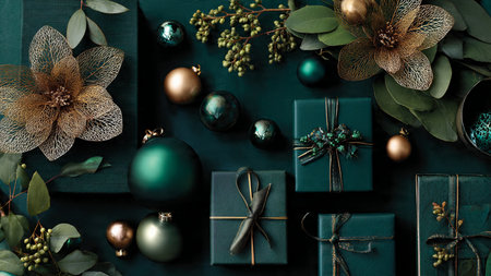 Stylish holiday frame design with deep-green decorations bordered by delicate gold stars and classic gift boxes.の写真素材