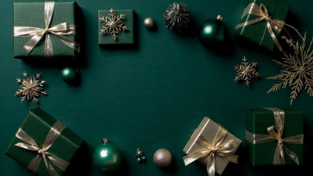 Premium emerald-and-gold Christmas flat-lay styled for upscale branding.の写真素材