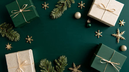 Classic Christmas mockup featuring deep-green gift boxes trimmed with gold.の写真素材