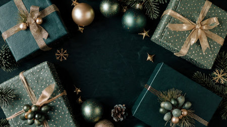 Vintage holiday arrangement with textured green surfaces and antique gold decorative pieces.の写真素材