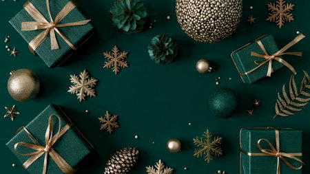 Stylish holiday flat-lay combining smooth emerald materials and glossy gold accents.の写真素材