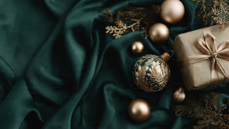 Minimal emerald Christmas mockup featuring delicate gold accents placed in a harmonious frame.の写真素材