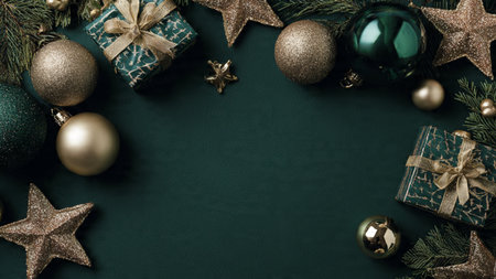 Clean premium mockup highlighting emerald holiday ornaments with refined golden touches.の写真素材