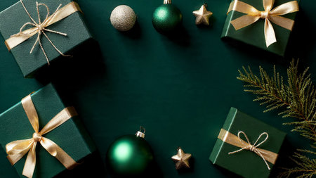 Warm gold holiday accents scattered over a deep emerald surface for a high-class seasonal mockup.の写真素材